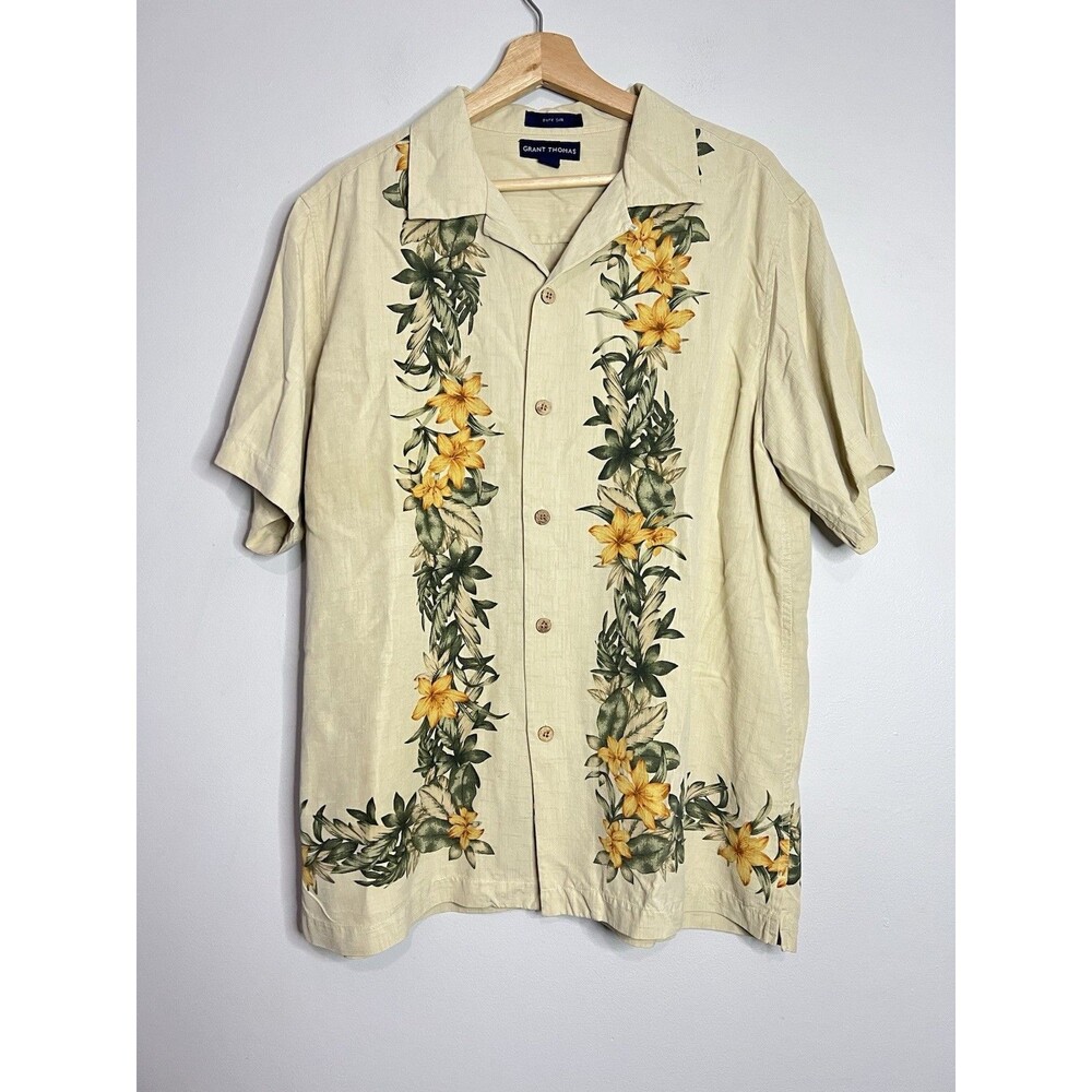 Grant Thomas Tan Pure Silk Tropical Floral Hawaiian Short Sleeve Button Up Large